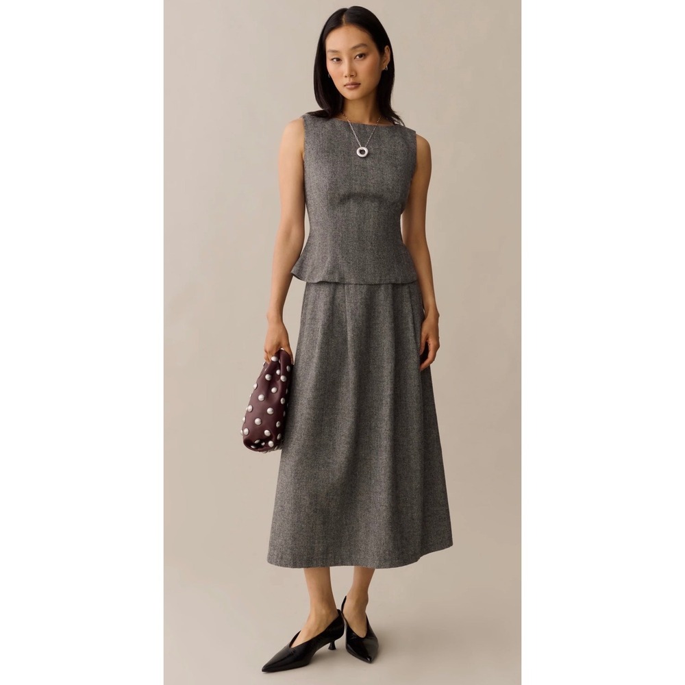 Few Moda x You Grey Herringbone Peplum Top and Midi Skirt Set Size 2 NWT